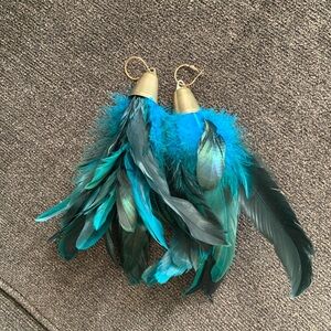 Vibrant Teal and Gold Feather Earrings